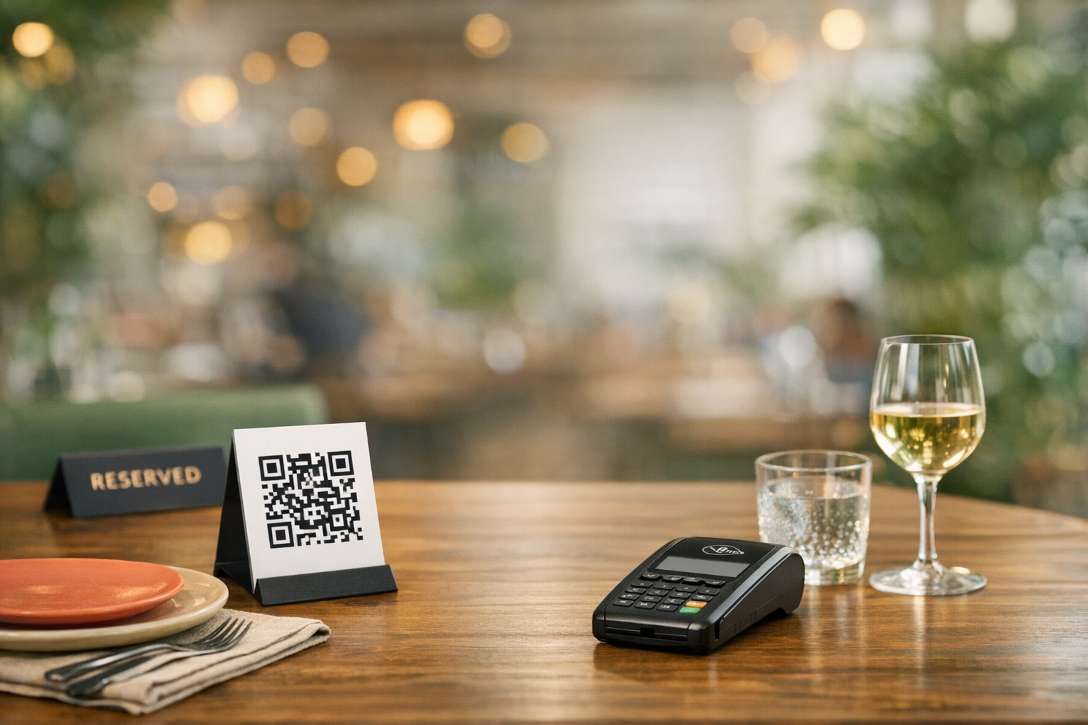 Mesa con codigo QR y terminal de pago